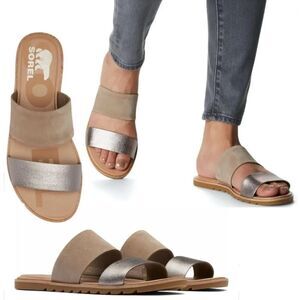 Sorel Beige Metallic Suede Ella II Slide Flat Sandal Sz 7 Preppy Boho Minimalist